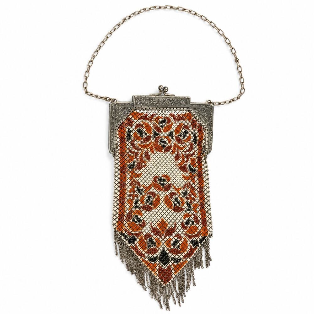 Antique Mandalian Mfg. Co. Enameled Mesh Purse Art Deco Fringe Evening Bag